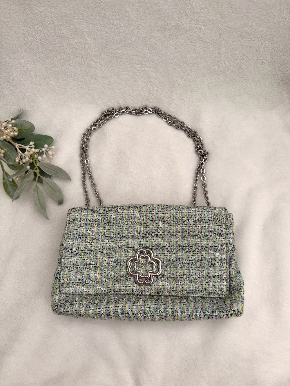 Maje Clover Bloom Blue Green Tweed Bag
